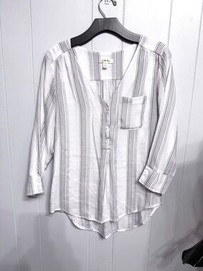 #15)  White & Black Striped V-Neck Half Button Front Blouse